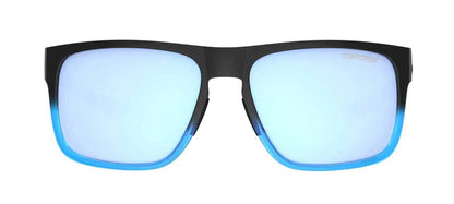 Stylish sunglasses with a black frame and gradient blue lenses.
