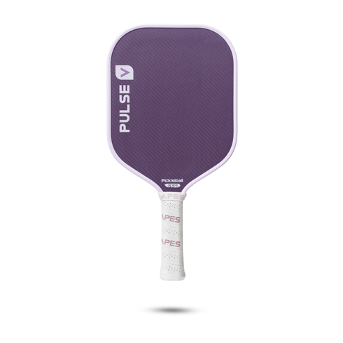 Apes Pulse V pickleball paddle; purple graphite face, white grip,  Pickleball USA approved.
