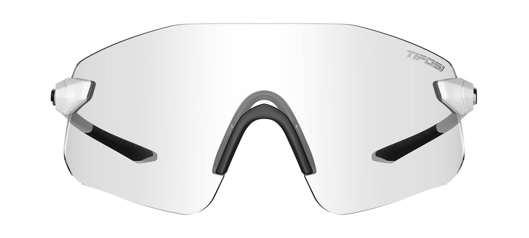 Clear shield cycling glasses with a gray nose bridge and white temples.
