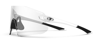 White and black shield-style sports glasses with clear lenses, shown from the side.
