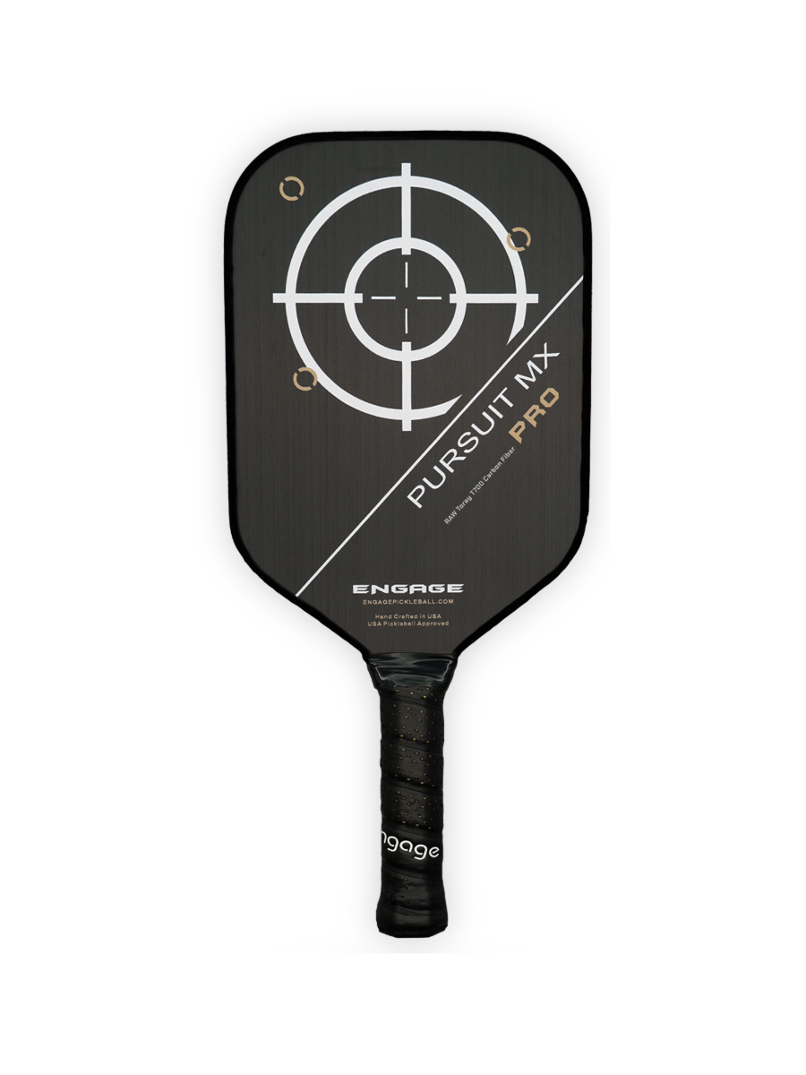 Engage Pursuit MX Pro Pickleball Paddle: elongated, raw T700 carbon fiber, black, USA-made.
