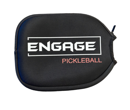 Engage Pickleball individual paddle cover: black neoprene, zippered, white & pink logo.
