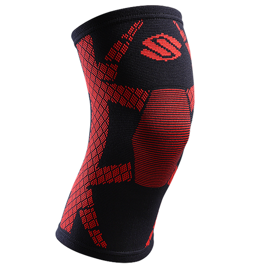 Selkirk Sport 4D Knitted Knee Support: Red & Black, for superior comfort & joint protection during sports.
