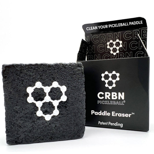 CRBN Pickleball Paddle Eraser: Black cleaning block, patent pending, cleans pickleball paddles.
