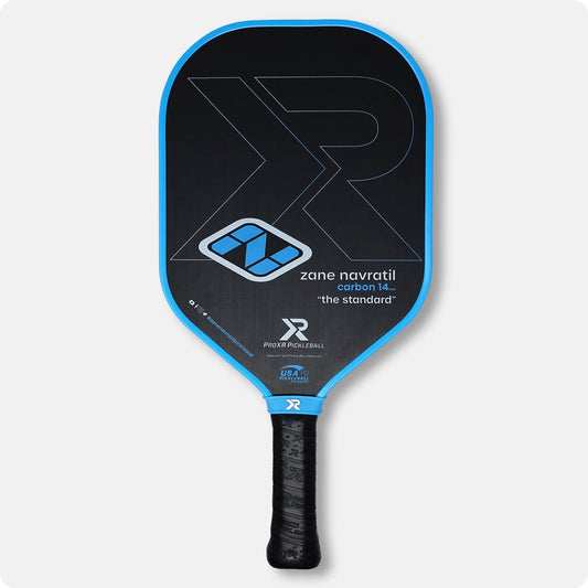 ProXR Zane Navratil Carbon 14mm Pickleball Paddle: The Standard, black & blue, includes free paddle cover.
