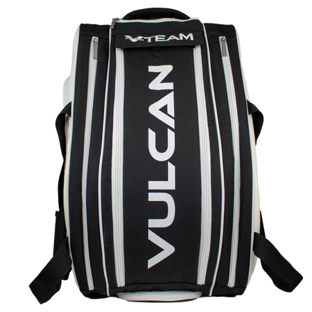 Vulcan VTEAM Pro Backpack: Black & white sports bag with multiple compartments.
