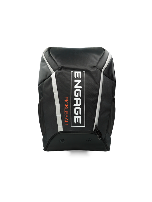 Engage Pickleball Court Backpack: Black backpack with white & orange logo, for pickleball equipment.
