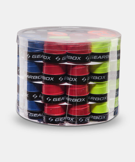 Gearbox Overgrip Bucket: 30 assorted color overgrips in a clear plastic container.
