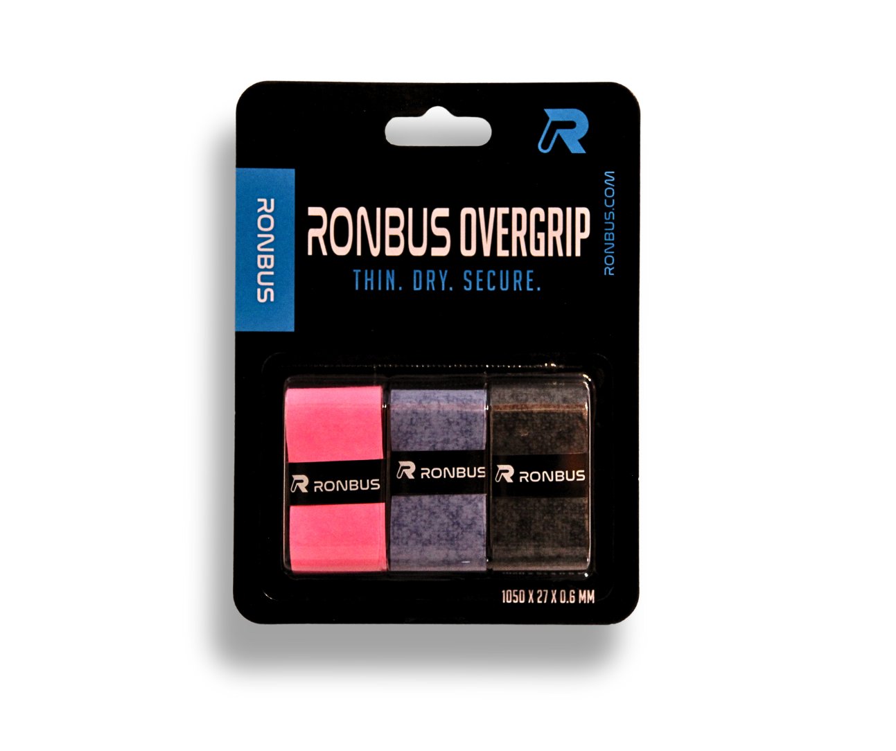 Ronbus Premium Dry Overgrip (3-pack): Thin, dry, secure grip in pink, blue, and black.
