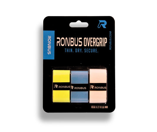 Ronbus Premium Tacky Overgrip (3-pack): Thin, dry, secure grip in yellow, blue, and beige.

