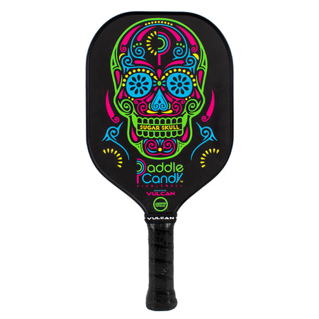 Vulcan Paddle Candy Sugar Skull XL pickleball paddle with neon design.
