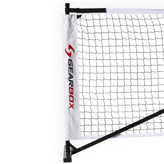 Gearbox Portable Pickleball Net:  Black steel frame, white net, for backyard games.
