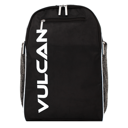 Vulcan Club Backpack: Black nylon backpack with white logo and gray accents.
